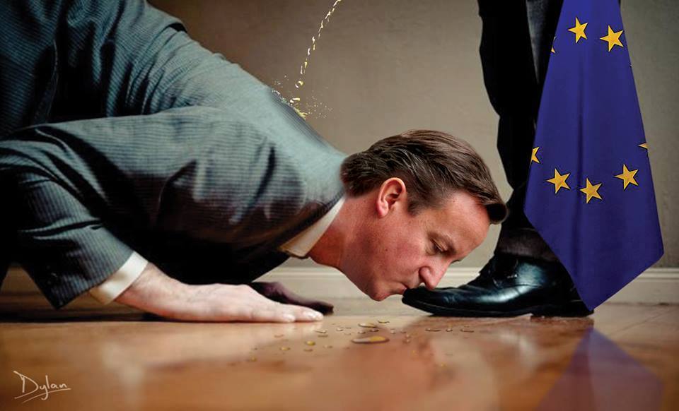 David Cameron Kissing Boots in Bruxelles. Defeat for UK primeminister in EU as Brexit looms